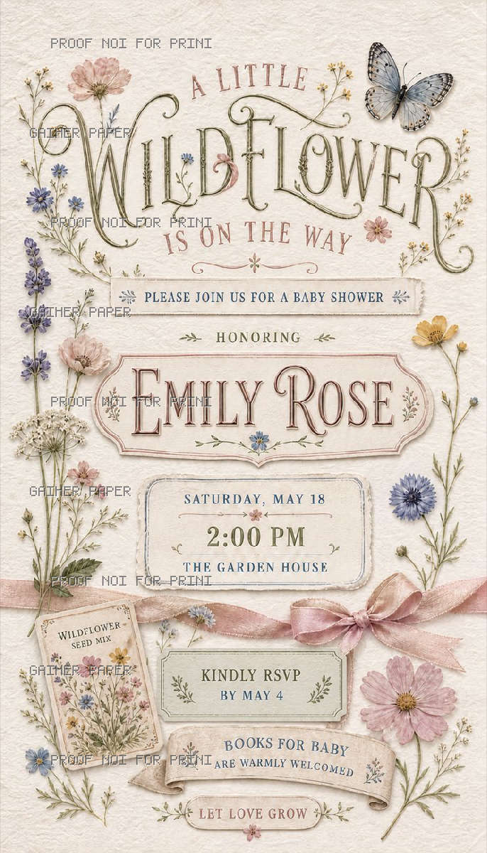 Finished Wildflower baby shower invitation