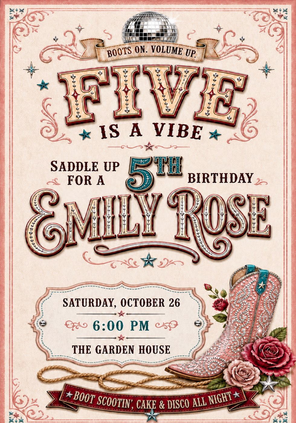 Disco cowgirl birthday invitation