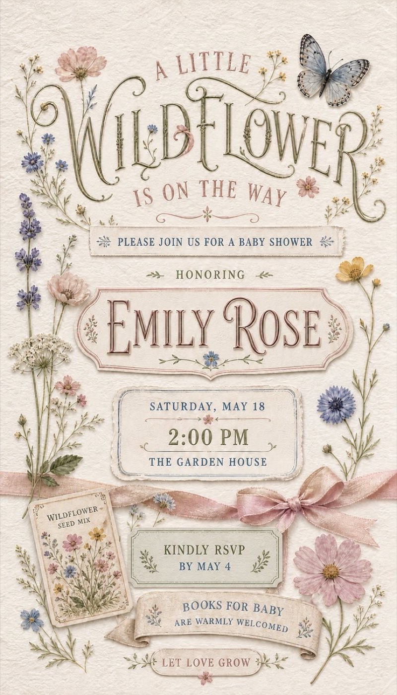 Finished Wildflower baby shower invitation